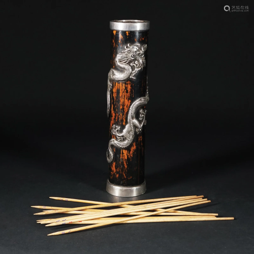 A Cylindrical bamboo and silver Shangai game holder