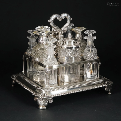 An English sterling silver eight-bottle cruet