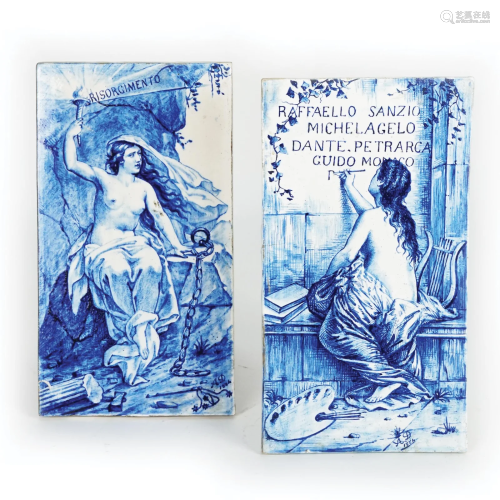 A pair of white and blue maiolica rectangular plated