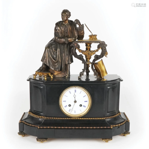 A black marble and patinated bronze table clock