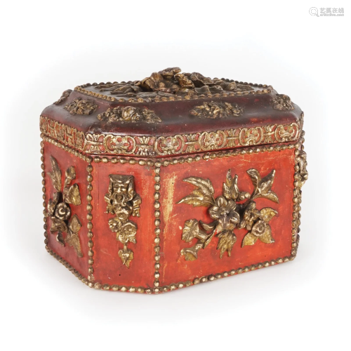 A red lacquered wood and gilt pastiglia box and cover