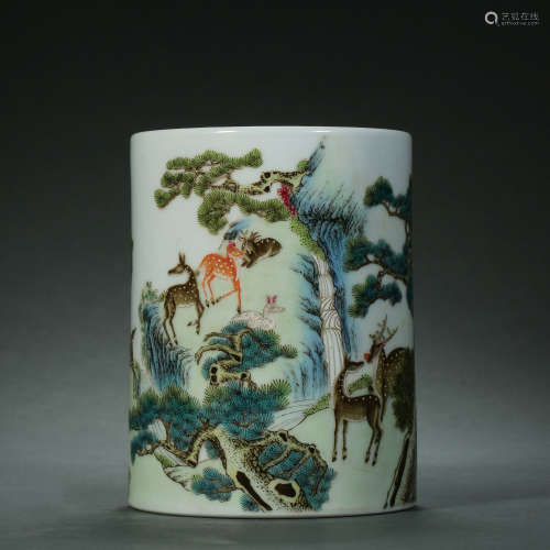 Qing Dynasty,Famille Rose Deer Pine With Spring Pen Holder