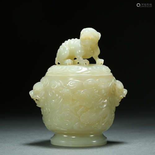 Ming Dynasty,Hetian Jade Dragon Pattern Lidded Jar