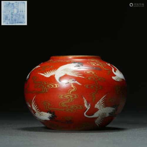 Qing Dynasty,Coral-red Glaze Crane Pattern Washing