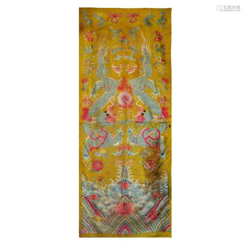 Qing Dynasty,Yellow Silk Embroidered Dragon Pattern Banner