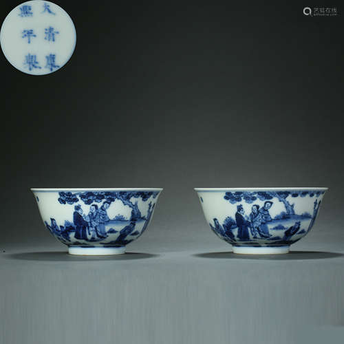 Qing Dynasty,Blue and White Character Story Bowl