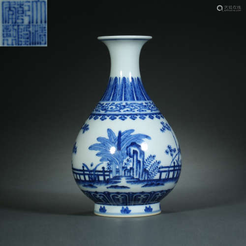 Qing Dynasty,Blue and White Jade Pot Spring Bottle