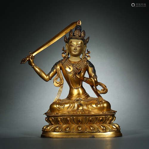 Qing Dynasty,Bronze Gilt Manjushri Buddhisattva Statue