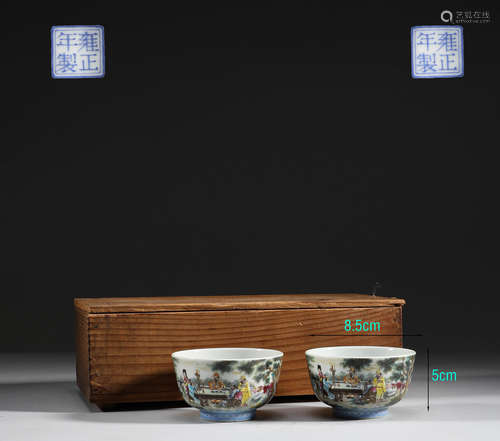 In the Qing Dynasty, a pair of pastel character story cups