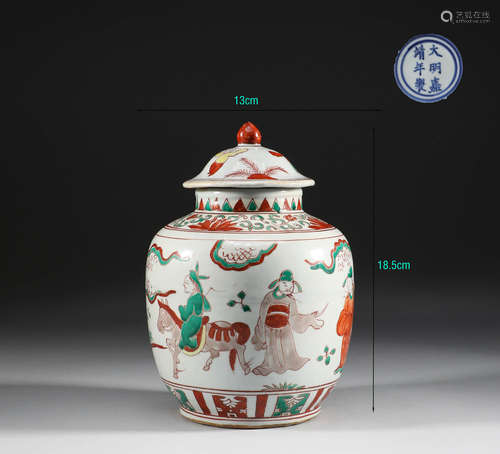 Ming Dynasty, red and green color character story jar