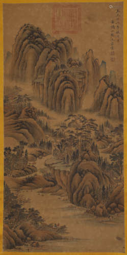 Wang Meng's fine landscape silk vertical shaft