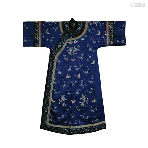 Qing Dynasty,Blue Ground Embroidered Flower Women's Robe