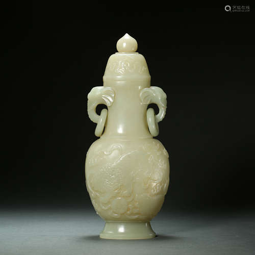 Qing Dynasty,Hetian Jade Elephant Ear Bottle