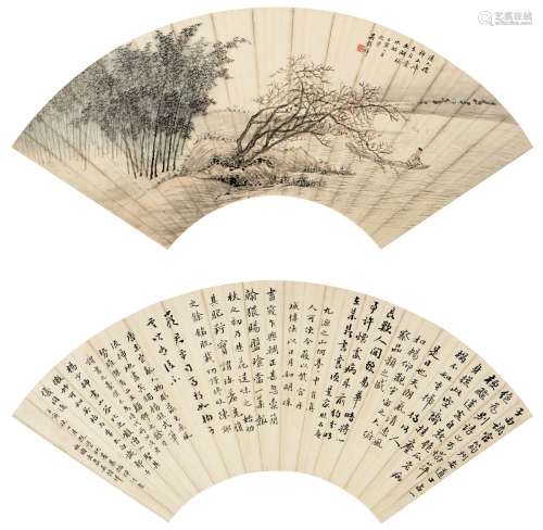 吴榖祥（1848～1903） 1902年作 泛舟图·书法 扇页（二页） 设色纸本·纸...