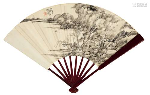 奚屠格（1892～?） 1930年作 江山渔艇图 成扇 水墨纸本