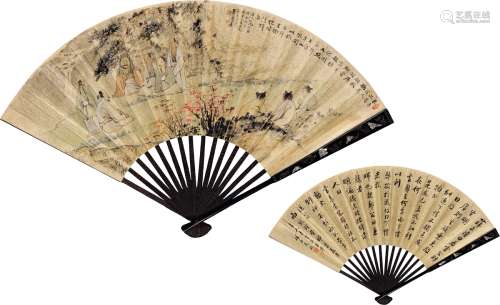 张大千（1899～1983）等 高士清谈图·行书节录古文 成扇 设色泥金纸本