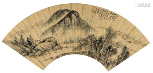 顾澐（1835～1896） 1877年作 雨润溪山图 扇页 设色洒金纸本