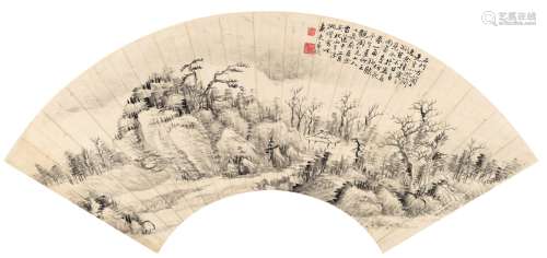 陆恢（1851～1920） 秋林屋舍图 扇页 水墨纸本