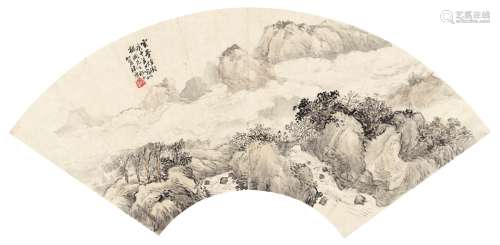 陈摩（1887～1946） 1920年作 云峰烟树图 扇页 设色纸本