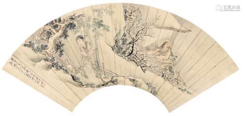 沙馥（1831～1906） 取雪烹茶图 扇页 设色纸本