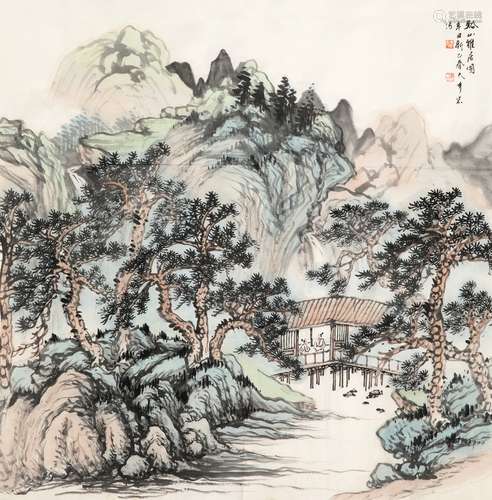 李岩（现代） 溪山雅居图 画心 设色纸本