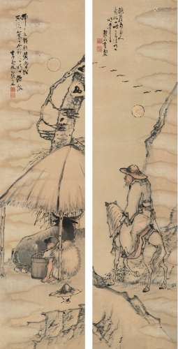 李霞（1871～1937） 羁旅图 （二帧） 镜片 设色纸本