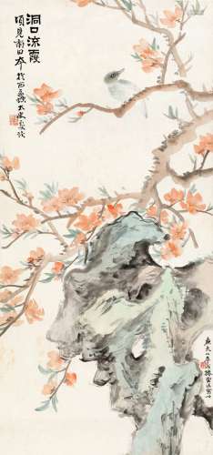 陆恢（1851～1920） 奇石花枝图 立轴 设色纸本