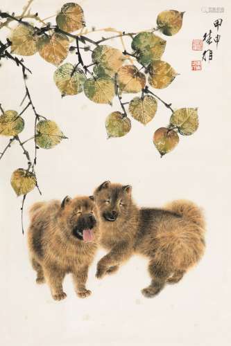 方楚雄（1950～ ） 2004年作 双犬图 镜片 设色纸本