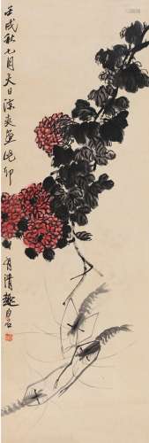 齐白石（1863～1957） 1922年作 游虾红花图 镜片 设色纸本