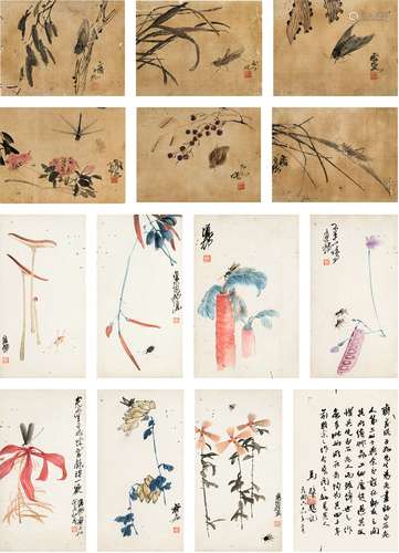 齐子如（1902～1955） 1943年作 花卉草虫册页 （共十四页） 册页 设色...