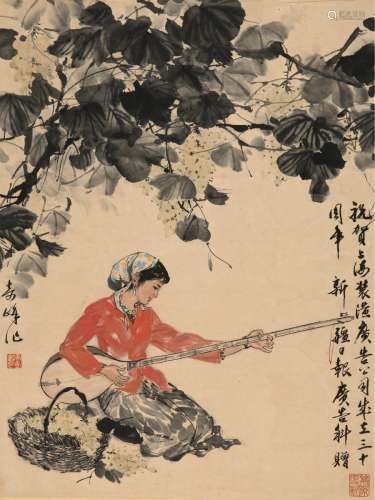 吴奇峰（1937～ ） 丰收少女图 镜片 设色纸本