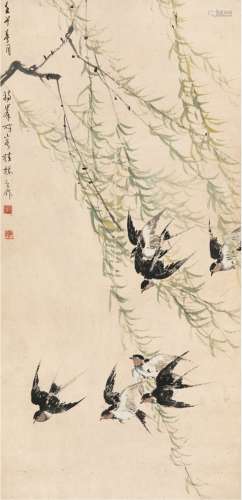 黄独峰（1913～1998） 1942年作 柳燕图 立轴 设色纸本