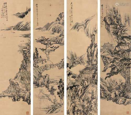 胡铁梅（1848～1899） 1898年作 山水四屏 （四帧） 立轴 水墨纸本