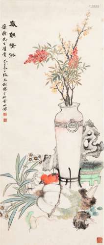 张石园（1899～1959） 1929年作 岁朝清供图 立轴 设色纸本