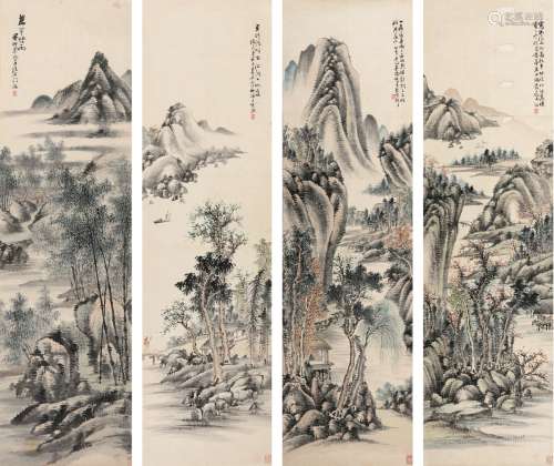 吴滔（1840～1895） 山水四屏 （四帧） 镜片 设色纸本
