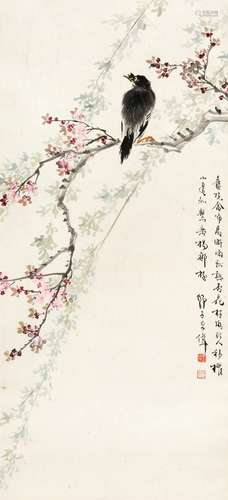 王师子（1885～1950） 桃花小鸟图 立轴 设色纸本