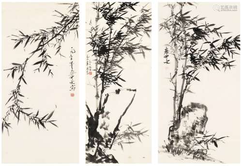 秦仲文（1896～1974） 墨竹图三帧 画心（三帧） 水墨纸本