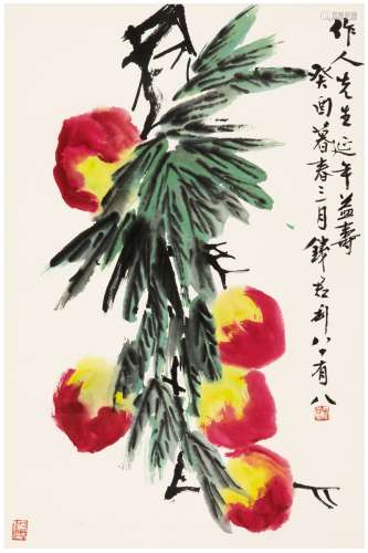 钱君匋（1906～1998） 1993年作 为吴作人作  寿桃 镜片 设色纸本