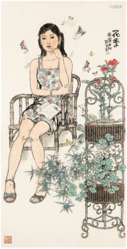 韩伍（1936～） 2010年作 花季少女图 镜片 设色纸本
