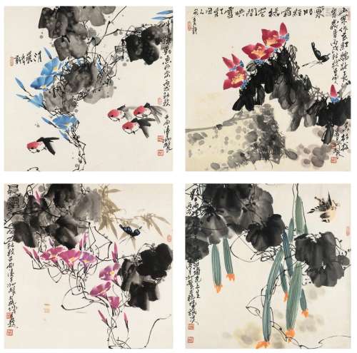 凌宇冰（1942～） 2006年作 花鸟四帧 镜片（四帧） 设色纸本