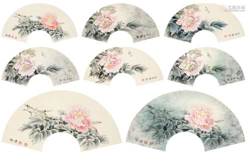 邓学梅（1976～） 花卉扇面八帧 镜片（八帧） 设色纸本
