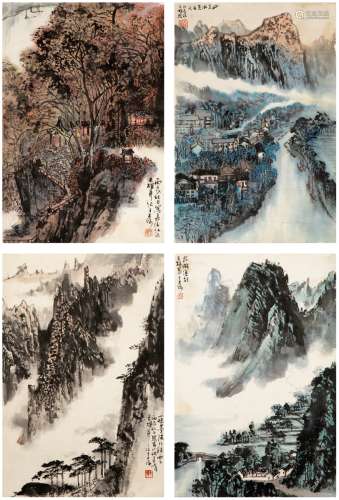 蔡天雄（1944～） 1976年作 山水四屏 画心（四帧） 设色纸本