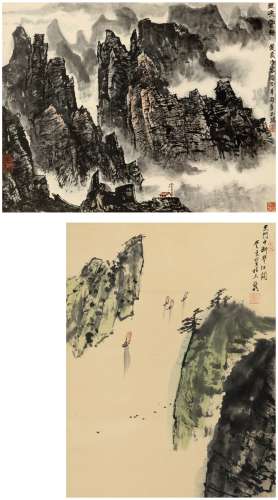 亚明（1924～2002）蒋正鸿（1936～？） 山水二帧 镜片·立轴 设色纸本