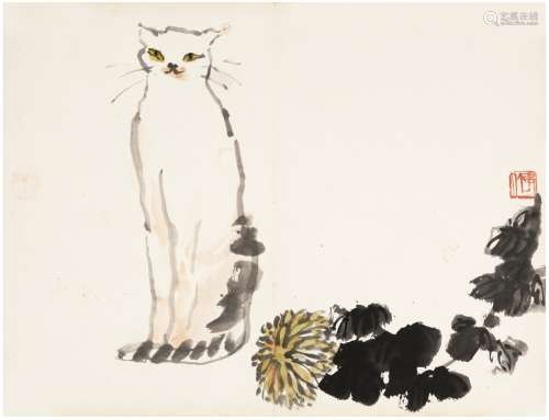 张仃（1917～2010） 菊花猫咪图 镜片 设色纸本