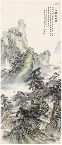 沈本千（1903～1991） 1946年作 山庄归鹤图 立轴 设色纸本
