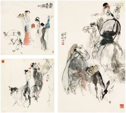 韩硕（1945～） 人物三帧 画心 设色纸本