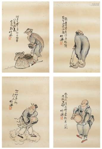 竹禅法师（1825～1901） 人物四屏 四屏 设色纸本