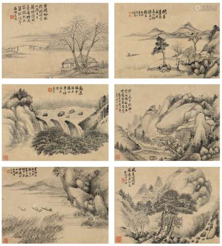 雪舟法师（1846～1896后） 山水六帧 镜片（六帧） 水墨纸本
