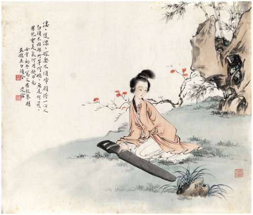 刘凌沧（1907～1989） 1942年作 文君鼓琴图 画心 设色纸本
