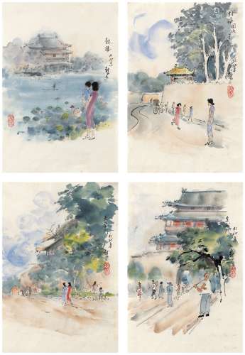 龙二（现代） 北京四景 画心（四帧） 设色纸本